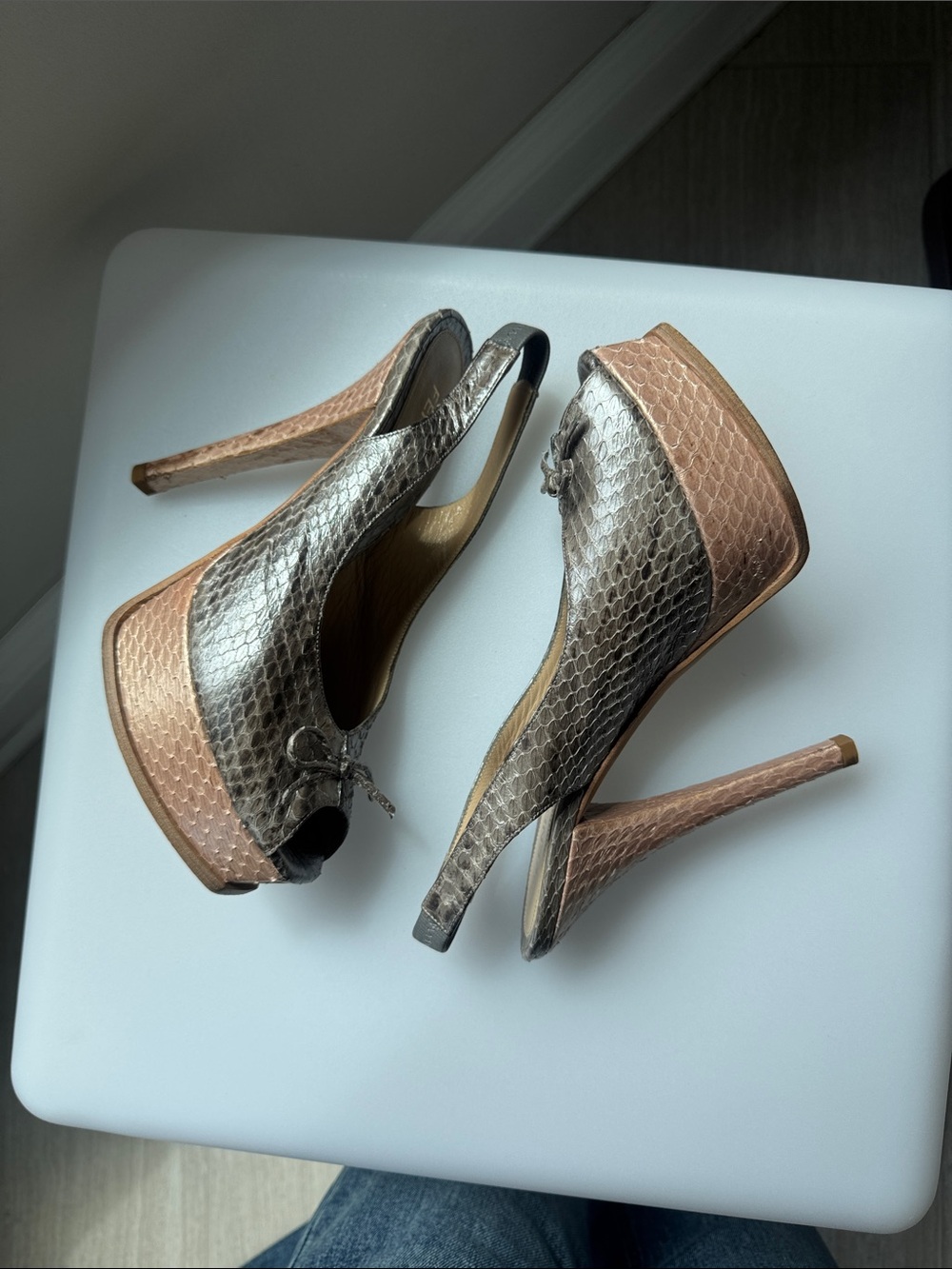 Fendi Metallic Silver Python-Embossed Peep-Toe Platform Slingbacks - Picture 4 of 5